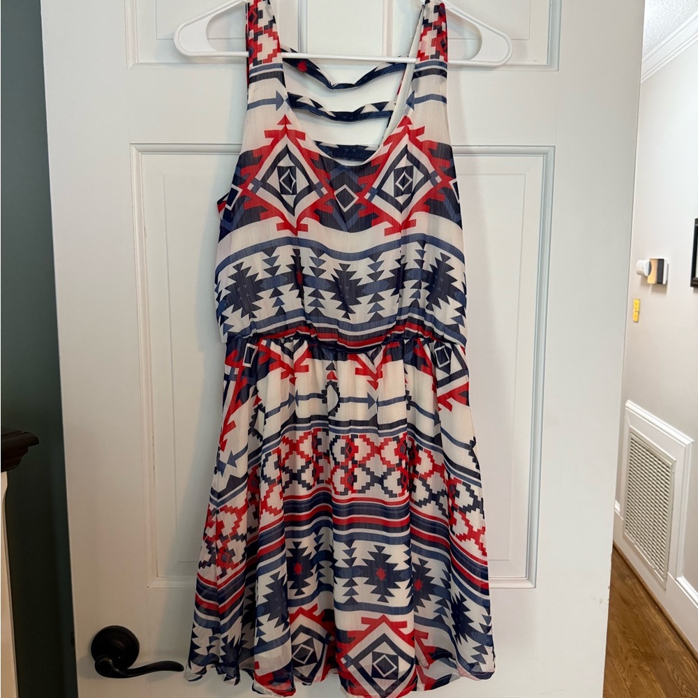 Trendy Women’s  Aztec Print Dress - Red, Blue, White